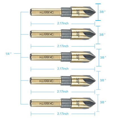 Countersink Drill Bit Set, 5 Pieces High Speed Steel 82 Degree 5 Flute 6mm Shank Mill Cutter Bit Countersink in Sizes 3/8" Set with Carrying Case. - size: 3/8''