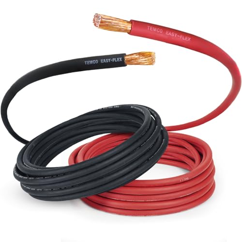 TEMCo 2/0 Gauge AWG 25 Ft Black + 25 Ft Red Flexible Pure Copper Made in USA Welding Cable Battery Wire - Heavy Duty Solar, Inverter, Car, RV, Truck - color: 25 Ft Black + 25 Ft Red, size: 2/0 (00 AWG)