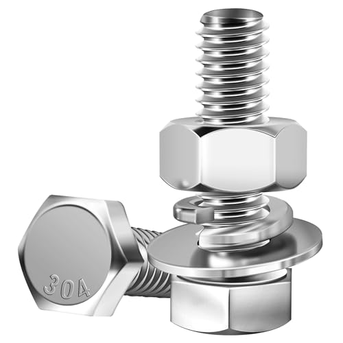Mywish (10 Sets) 1/4-20x1 Hex Head Assorted Screws Nuts and Bolts with Flat & Lock Washers, 304 Stainless Steel 18-8, Fully Threaded, 1/4 Bolt Metric Bolt Assortment - size: 1/4-20 x 1 (10 set)