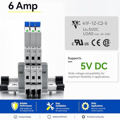 3 Pcs Miniature 5 Volt DC Relay HF41F/5-ZS 5 Pin 1NO 1NC 6A SPDT with LED Indicator, Socket Base and DIN Rail Module - size: 5V DC