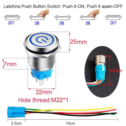 Gebildet 0.87''/22mm Blue LED Stainless Steel Latching Push Button Switch 12V-24V/5A Power Symbol LED 1NO1NC SPDT ON Off Waterproof Toggle Switch with Wire Socket Plug - color: blue /12-24V