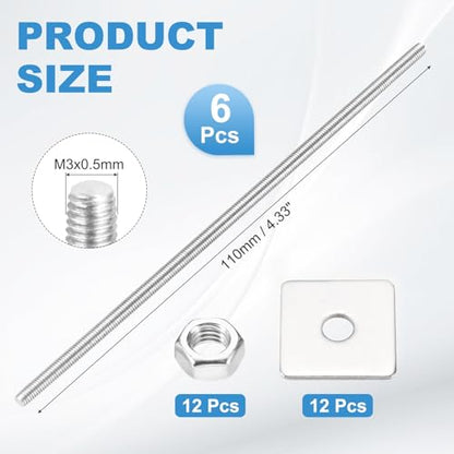 MECCANIXITY 6Set M3x110mm Fully Threaded Rod Threaded Rods Bar Studs - size: M3x110mm