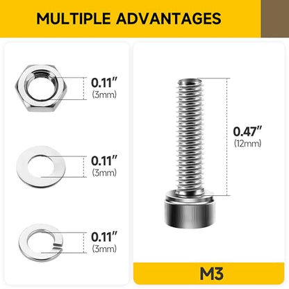 Mywish (100Sets) M3 Screw Kit, M3 x 12mm Socket Head Cap Screws Bolts, 304 Stainless Steel Allen Socket Hex Drive Bolts, Bright Finish M3 Screws with Nuts and Washers & Hex Spanner - size: M3 x 12mm