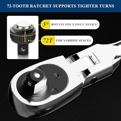 PRIDE&CRAFT 6-Piece Flex Head Ratchet Set, 1/4", 3/8", 1/2" Drive 72-Tooth Swivel Head Ratchet Wrench with Extension Bars, Quick Release Reversible Socket Wrench, EVA Organizer - style: 6pc Flex Head