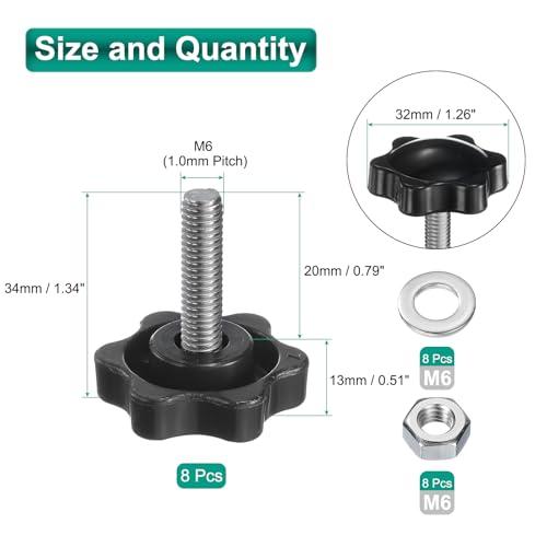 uxcell 8pcs Star Clamping Knobs with Nuts Washers, M6 x 20mm Metric 304 Stainless Steel Male Thread 32mm 6-Star Plastic Head, Threaded Stud Hand Knobs Handles Thumb Screws, Black - size: M6 x 20mm