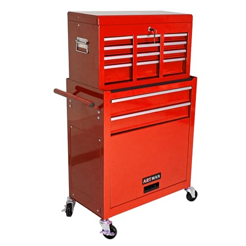 Red 8-Drawer Heavy Duty Tool Chest with Ball Bearing Drawers, Central Locking & 4 Wheels (2 Brakes) - Rolling Garage Storage Cabinet - color: Red, size: 24.2 x 13 x 42.8