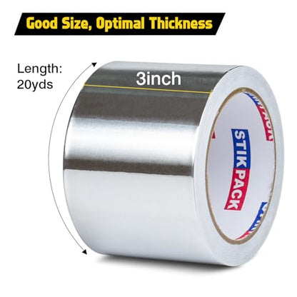 Aluminum Foil Tape 3 inch x 60ft (20 Yards) Heavy Duty HVAC Duct Tape for Ductwork – High Temperature Silver Foil Tape for Insulation, Metal Repair, Exhaust Sealing & Patching - size: 3 Inches x 20 Yards