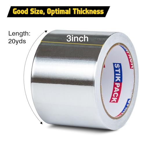 Aluminum Foil Tape 3 inch x 60ft (20 Yards) Heavy Duty HVAC Duct Tape for Ductwork – High Temperature Silver Foil Tape for Insulation, Metal Repair, Exhaust Sealing & Patching - size: 3 Inches x 20 Yards