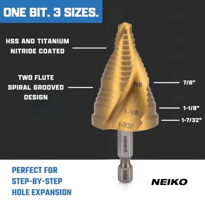 NEIKO 10637A Step Drill Bit, 3 Steps 7/8" to 1-7/32" Spiral High Speed Steel, Titanium Nitride Coated, 1/4” Quick Change Step Bits for Steel, Metal, Wood, Plastic, Unibit Cone Drill Bits, Two Flute - size: #11 (7/8 - 1-7/32", 3S), style: Spiral