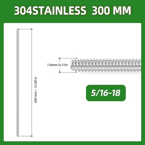 TAISHER 2PCS 304 Stainless Steel Fully Threaded Rod，5/16"-18 Long Threaded Screw 12" Length Right Hand Threads - size: 5/16"-18