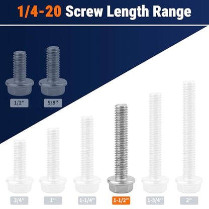 1/4-20 x 1-1/2" Flange Hex Bolts, 304 Stainless Steel 18-8, A2-70 Grade, Non-Serrated Flange Bolts for Automotive Repair, Fully Threaded, 20 Pcs - size: 1/4-20 x 1-1/2