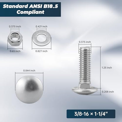 3/8-16 x 1-1/4 Inch Carriage Bolt Kit, 304 Stainless Steel (18-8) with Hex Nuts & Flat Washers - 16 Sets, Round Head Square Neck, Full Thread Coverage by Glvaner - size: 3/8-16 x 1-1/4"