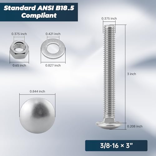 3/8-16 x 3 Inch Carriage Bolt Kit, 304 Stainless Steel (18-8) with Hex Nuts & Flat Washers - 10 Sets, Round Head Square Neck, Full Thread Coverage by Glvaner - size: 3/8-16 x 3"