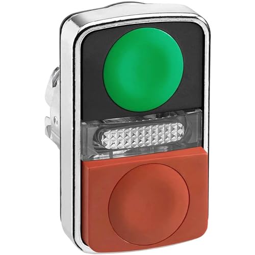 Schneider Electric - ZB4BW7L3740 - Illuminated double-headed push button head, Harmony XB4, metal, 22mm, 1 green flush + 1 pilot light + 1 red projecting, unmarked, ( Each )