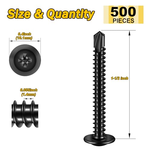 Mywish 500Pcs #8×1-1/2 Inch, Black Self Tapping Screws for Metal, 410 Black Metal Screws Oxide Stainless Steel Truss Head Self Drilling Screw High-Strength - color: Black, size: #8x1-1/2" (500 pcs)