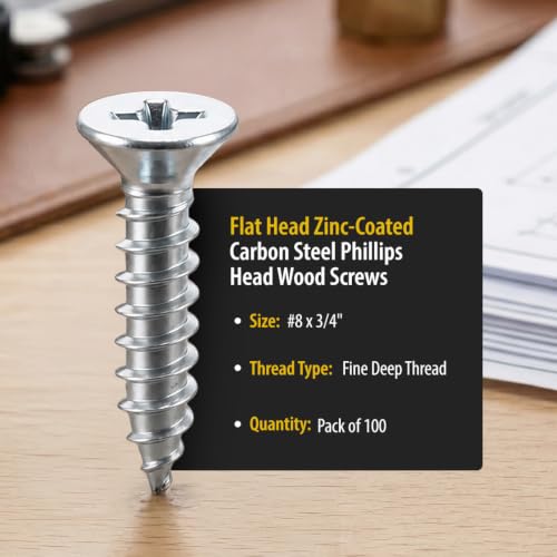 BCP Fasteners #8 x 3/4" Zinc-Plated Flat Head Wood Screws, 100 Pack - size: #8 x 3/4"