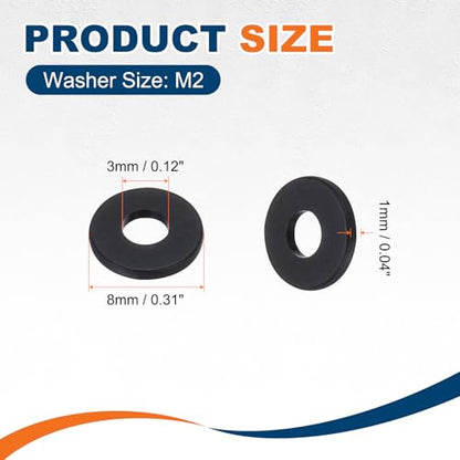 PATIKIL 125 Pcs Nylon Flat Washer M3 3mm ID 8mm OD 1mm THK Black - color: Black, size: 3mm x 8mm x 1mm