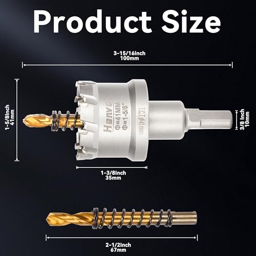 Hole Saw 1-5/8" (41mm) Heavy Duty Carbide with 2 Pilot Drill Bits - Metal Hole Cutter Cuts Stainless Steel, Iron, Copper, Brass, Plastic - size: 41mm|1-5/8"