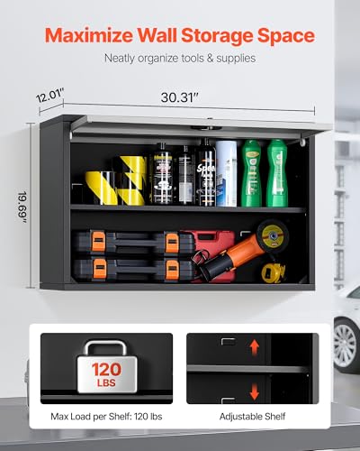 VEVOR Metal Wall Cabinet, 30.31 x 12.01 x 19.69 Inch, Floating Garage Tool Cabinet with Up-Flip Door and Shelf, 240 lbs Load Capacity, Fit for Garage, Basement, Kitchen, Warehouse Assembly Required - size: Upgrade Flip up 20"