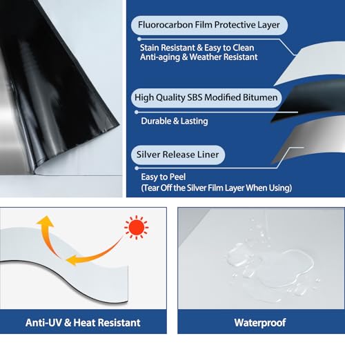 BXI Fluorocarbon Film Asphalt Waterproof Tape, 12 Inches X 32 Feet, Weatherproof Sealing Membrane, Self-Adhesive SBS Modified Bitumen Flashing Sealant Patch, Seam Leak for Roof Window Driveway Repair - size: 12" x 32'