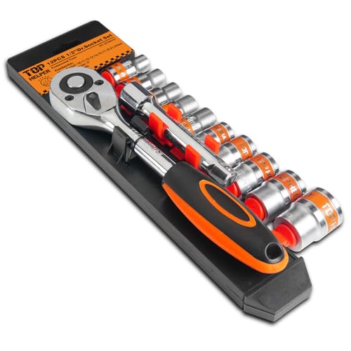 12 PCS 1/2" Drive Metric Socket Wrench Set,1/2 Reversible Ratchet Handle，6 Point Shallow Sockets (10-24mm) and Extension Bar 5", CR-V Steel, Car Repair Set - size: Pro 12p 12.7 Mm Drive (10 - 24 Mm)