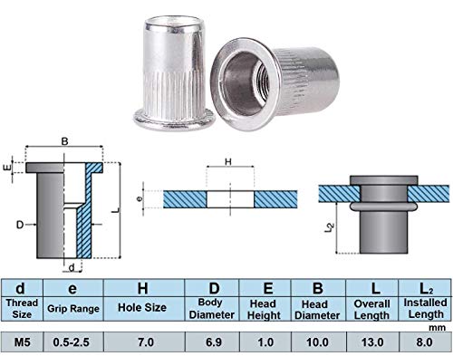 50pcs M5 Rivet Nuts Stainless Steel Threaded Rivet Insert Nuts Rivnuts Nutsert M5-0.8mm - size: M5