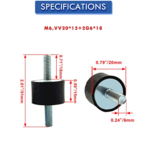 4Pcs M6 25x15mm Rubber Isolator Mounts Double Stud Shock Absorber - size: M6,VV20*15+2G6*18