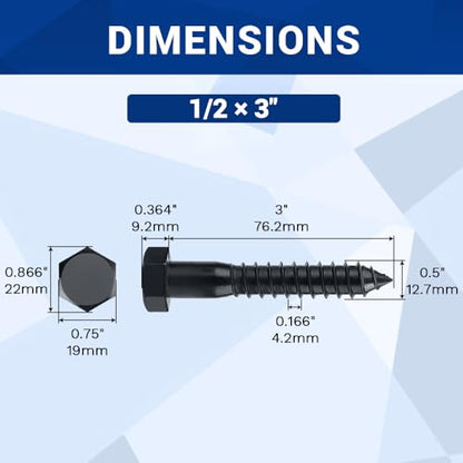 1/2 x 3 Black Hex Head Lag Screws Bolts (8 pcs), 304 Stainless Steel 18/8, Black Oxide Coated, Partial Thread, Deck Screws, Heavy Duty Hex Head Wood Lag Screws, Fayeploo - size: 1/2 x 3"