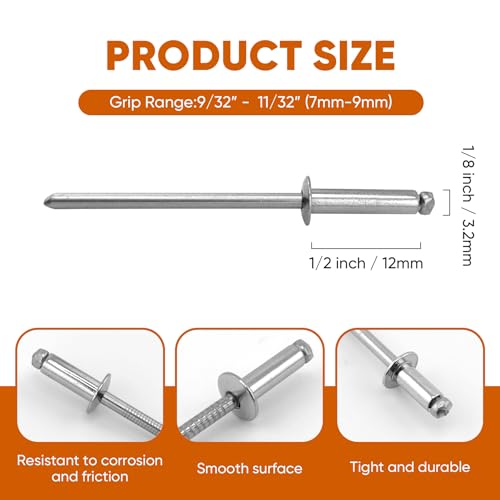 ALLCLEAN 240 Pcs 1/8"x1/2" Stainless Steel Blind Pro Rivets,3.2 x 12mm Pop Rivets,Stainless Steel Grip and Stainless Steel Mandrel - color: Stainless Steel, size: 1/8"x1/2"