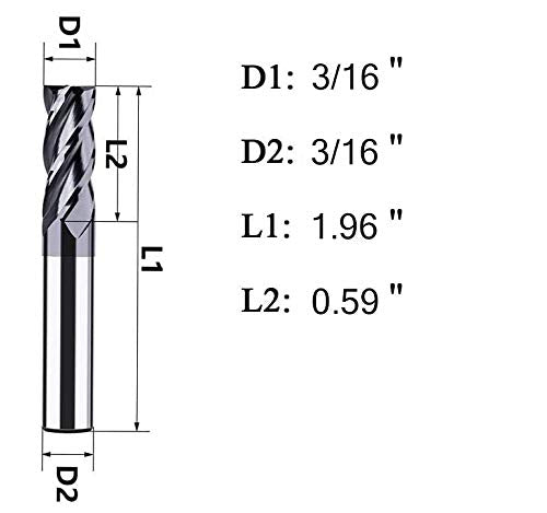 3/16" Carbide Square End Mill, HRC 45 Deg Single End 4 Flute AlTiN Coating Mill Bits (1, 3/16) - size: 3/16 in