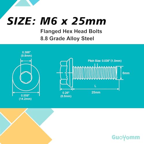 M6 x 25mm 25pcs Flanged Hex Head Bolts, M6 x 1.0 Bolts, Flange Hexagon Head Screws, 8.8 Grade Alloy Steel, Yellow Zinc Plated, Metric Fully Thread - size: M6 x 25mm(25PCS)