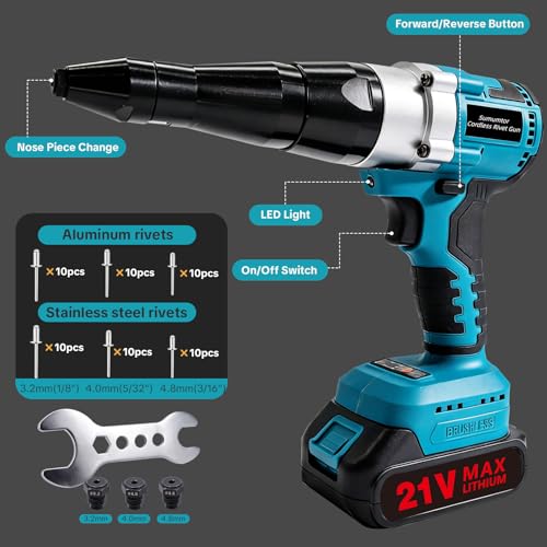 Cordless Electric Rivet Gun Tool with 2×2.0Ah Batteries & Charger - color: Blue