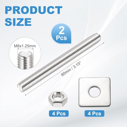 MECCANIXITY 2Set M8x80mm Fully Threaded Rod Threaded Rods Bar Studs - size: M8x80mm