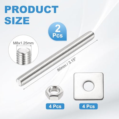 MECCANIXITY 2Set M8x80mm Fully Threaded Rod Threaded Rods Bar Studs - size: M8x80mm