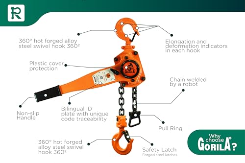 GORILA Manual Lever Hoist 360° | Manual Ratchet Chain Puller Hoist | 3300lbs - 5ft (1,5 Ton - 1,5 Meters) | Safety Factor 4:1 | Since 1989 - size: 3300lbs - 5ft / 1,5t - 1,5m