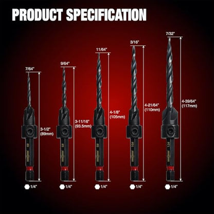 ANGELSWORD Countersink Drill Bit Set for Wood, 5pc Tapered Drill Bits