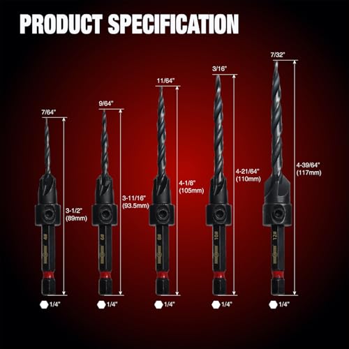ANGELSWORD Countersink Drill Bit Set for Wood, 5pc Tapered Drill Bits