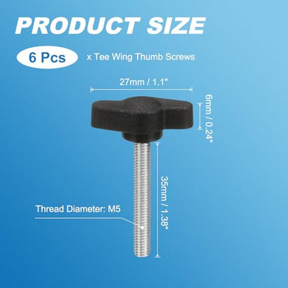 PATIKIL M5 x 35mm Tee Wing Thumb Screws, 6Pcs Carbon Steel Mechanical Handle Bolt Thumb Screws for Remove Replace Hand Clamping Tightening Knobs Power Supply, Black - size: M5 x 35mm