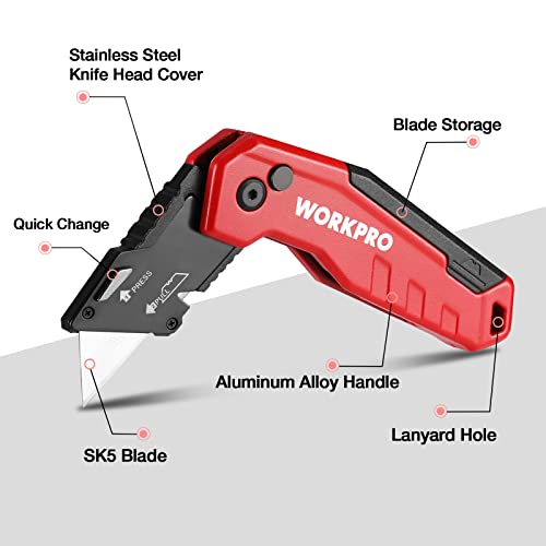 WORKPRO Folding Utility Knife, Quick Change Box Cutter, Red - color: Red, size: 4.5 inches