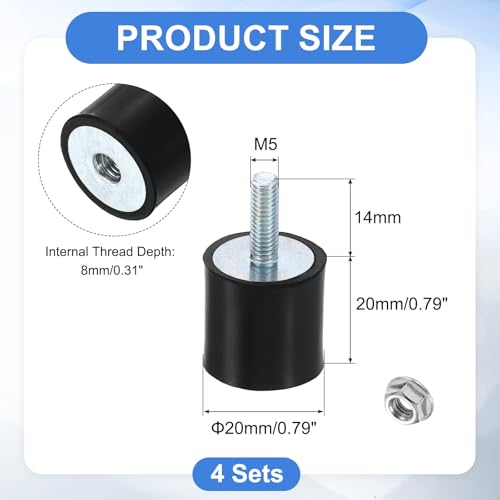 uxcell M5 Rubber Mounts, 4Pcs 20x20mm(DxH) Rubber Cylindrical Anti Vibration Isolator Shock Absorber with Lock Nut for Car Bobbin Generator Air Compressors - size: M5x15mm, 20x20mm Rubber