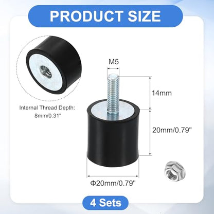 uxcell M5 Rubber Mounts, 4Pcs 20x20mm(DxH) Rubber Cylindrical Anti Vibration Isolator Shock Absorber with Lock Nut for Car Bobbin Generator Air Compressors - size: M5x15mm, 20x20mm Rubber