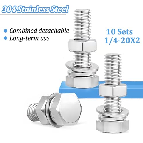 10 Sets 1/4-20 x 2 Stainless Steel Hex Head Screws Bolts, Flat, Nuts & Lock Washers,Hex Bolts 18-8(304) Full Thread - color: Silver-hex, size: 1/4-20x2"(10 sets)
