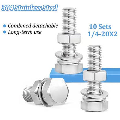 10 Sets 1/4-20 x 2 Stainless Steel Hex Head Screws Bolts, Flat, Nuts & Lock Washers,Hex Bolts 18-8(304) Full Thread - color: Silver-hex, size: 1/4-20x2"(10 sets)