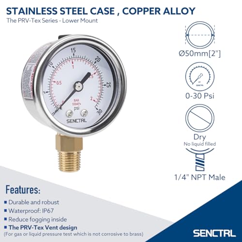SENCTRL 0-30 Psi Low Pressure Gauge, 1/4 NPT Lower Mount - size: 0-30Psi, style: Lower Mount