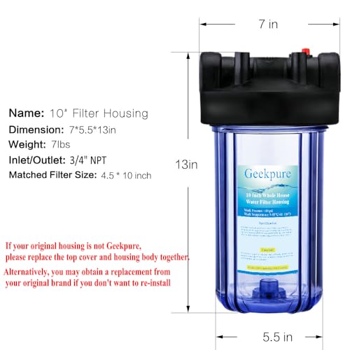 Geekpure 10-Inch Whole House Water Filter Housing-4.5"x10"-Clear (1)