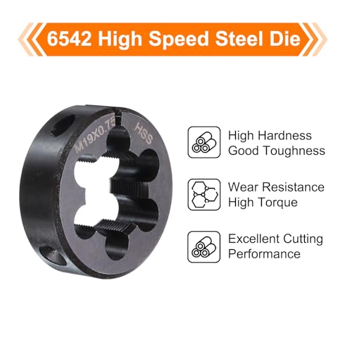 HARFINGTON Round Threading Die M19 x 0.75 Metric Thread 38mm OD Adjustable Right Hand High-Speed Steel (HSS) Round Die Screw Thread Cutting Die for Thread Repair - size: M19 x 0.75