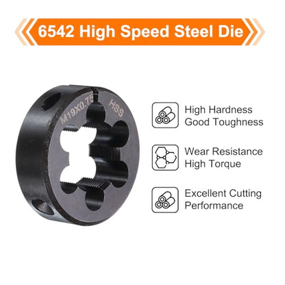 HARFINGTON Round Threading Die M19 x 0.75 Metric Thread 38mm OD Adjustable Right Hand High-Speed Steel (HSS) Round Die Screw Thread Cutting Die for Thread Repair - size: M19 x 0.75
