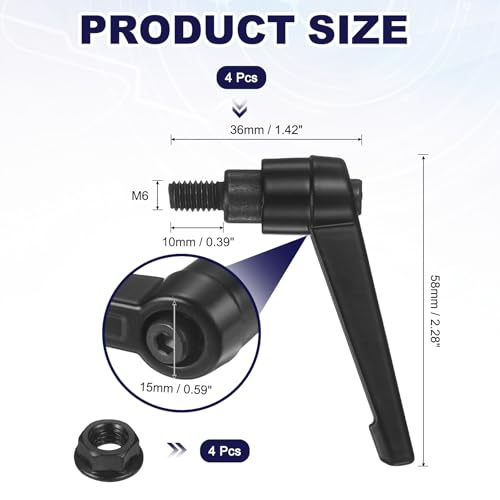 uxcell 4Pcs Adjustable Clamping Lever Handles, M6x10mm Zinc Alloy Male Thread Stud Knobs with Nuts Quick Release Bolt Rotating Screw Handles for Lathes Woodworking, Black - size: M6x10mm