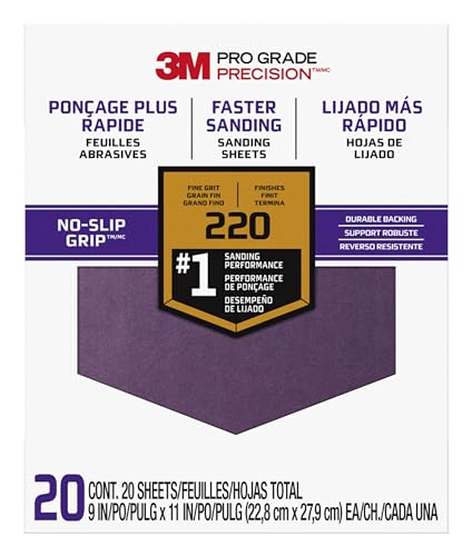 3M Pro Grade No-Slip Grip Advanced Sandpaper, 9 x 11"., 220 Grit, 100 per Case - size: 100 Count(Pack of 5)