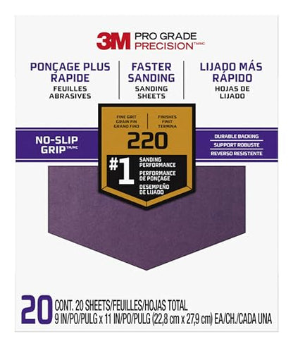 3M Pro Grade No-Slip Grip Advanced Sandpaper, 9 x 11"., 220 Grit, 100 per Case - size: 100 Count(Pack of 5)